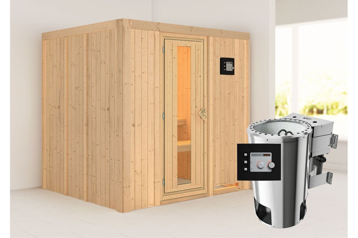 KARIBU Systemsauna Daria, Fichtenholz 68mm, Fronteinstieg, ca. 3,3m² 1 18462-4.jpg