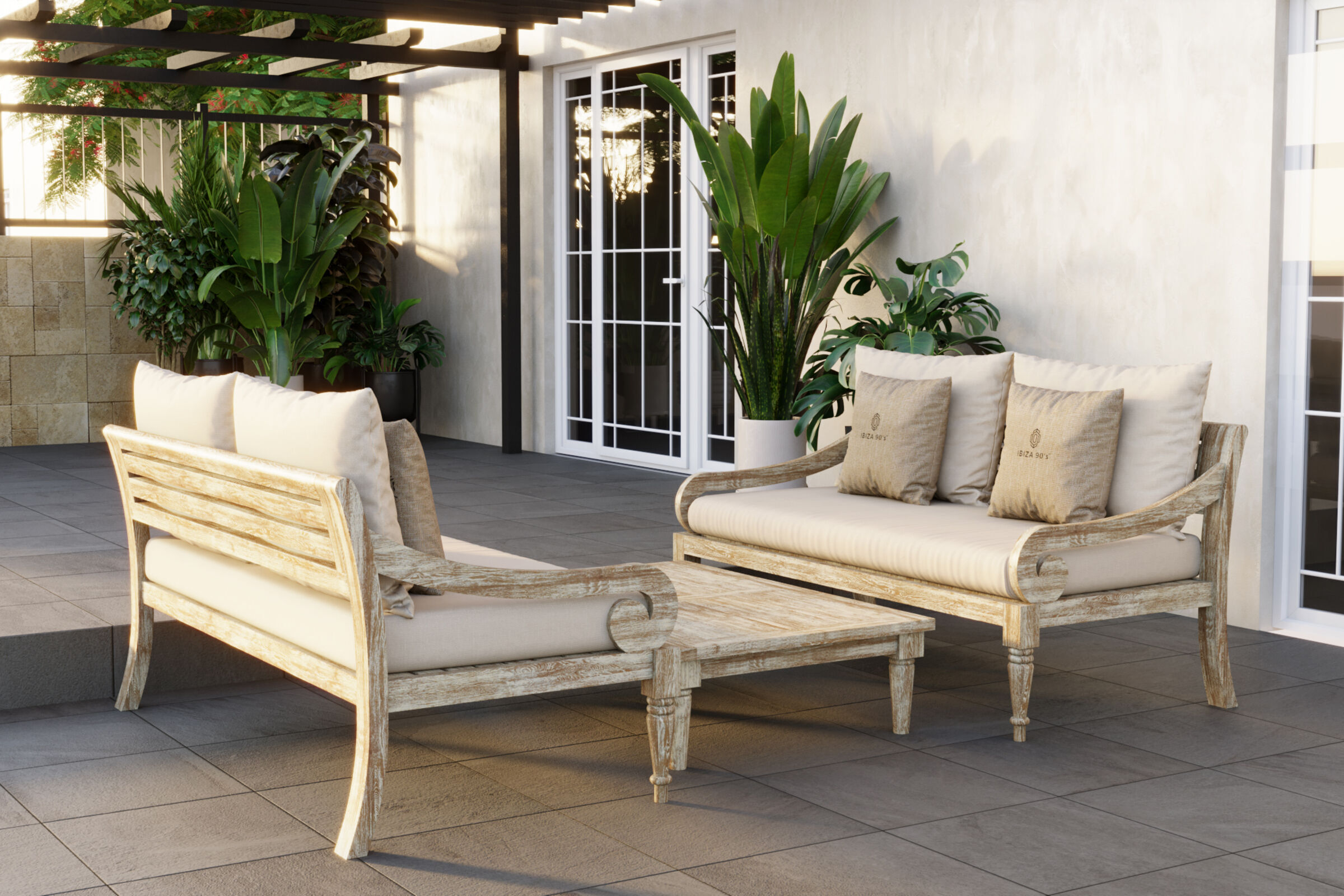 IBIZA 90's Gartenlounge, grau/beige, recycled Teak/Olefin, für 4 Personen, mit Kaffeetisch 120 x 80 cm