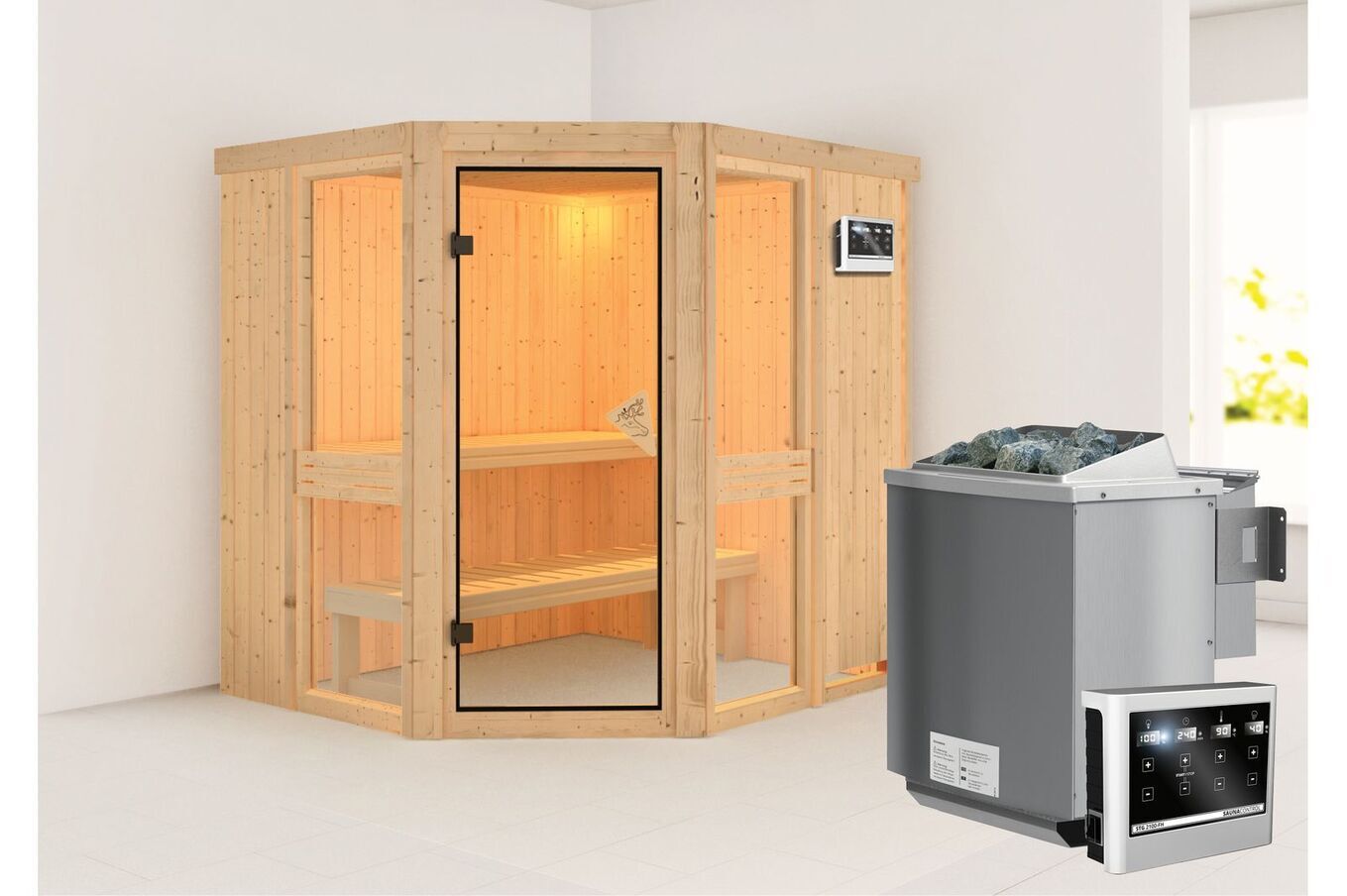 KARIBU Systemsauna Amelia 1, Fichtenholz 68mm, Eckeinstieg, ca. 3m² 1 18430-4.jpg