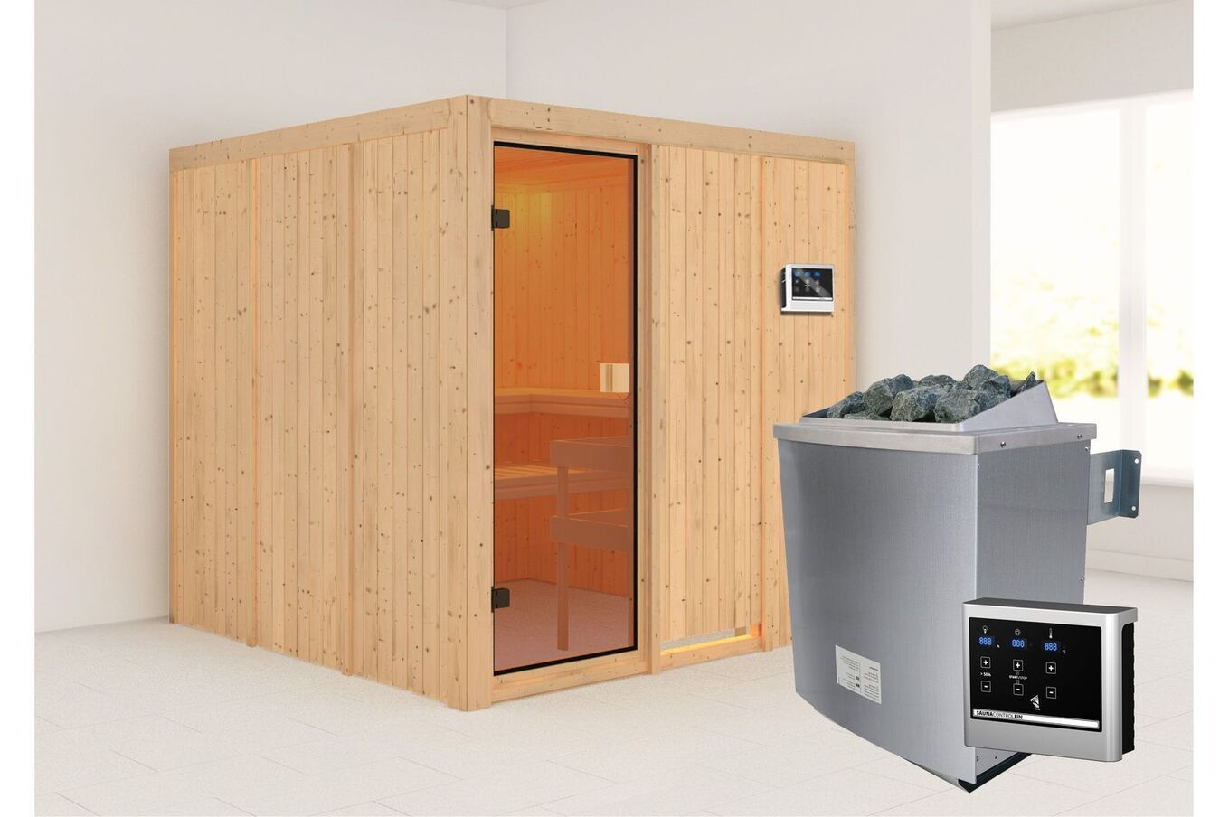 KARIBU Sauna Oulu, Fichtenholz 68 mm, Fronteinstieg, ca. 3,2m² 3 20242-3.jpg