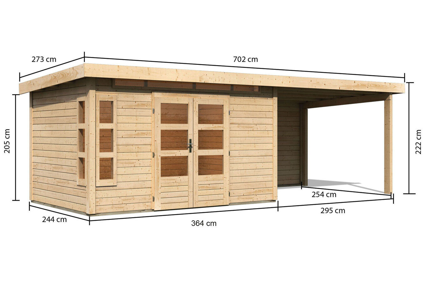 KARIBU Gartenhaus Kastorf 7, naturbelassen, Fichtenholz 28mm, 702 x 244 x 222 cm, Flachdach, Anbau 3,2m mit Rückwand 30468-3 05.jpg