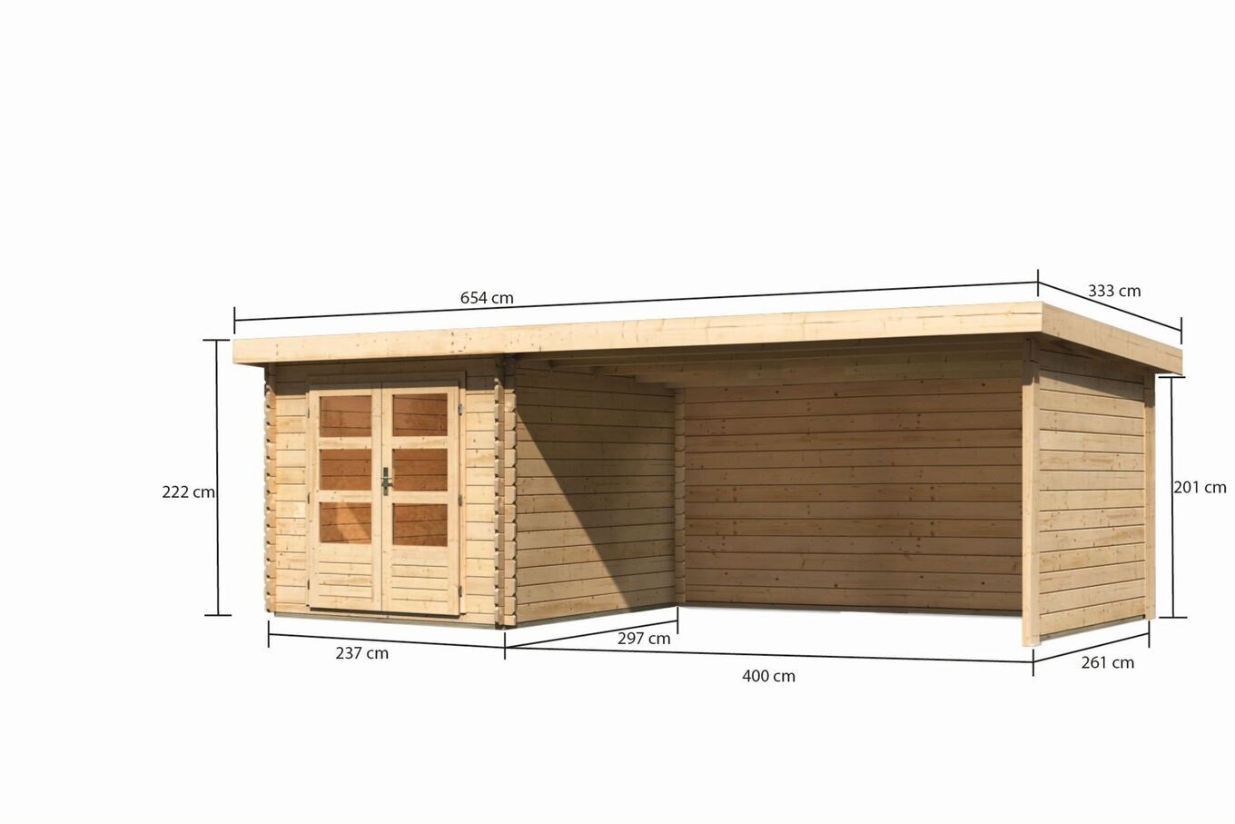 KARIBU Gartenhaus Bastrup4 , naturbelassen, Fichtenholz 28mm, 654,5 x 297 x 222 cm, Pultdach, Anbau 4m mit Rück- und Seitenwand 30570-1 05.jpg
